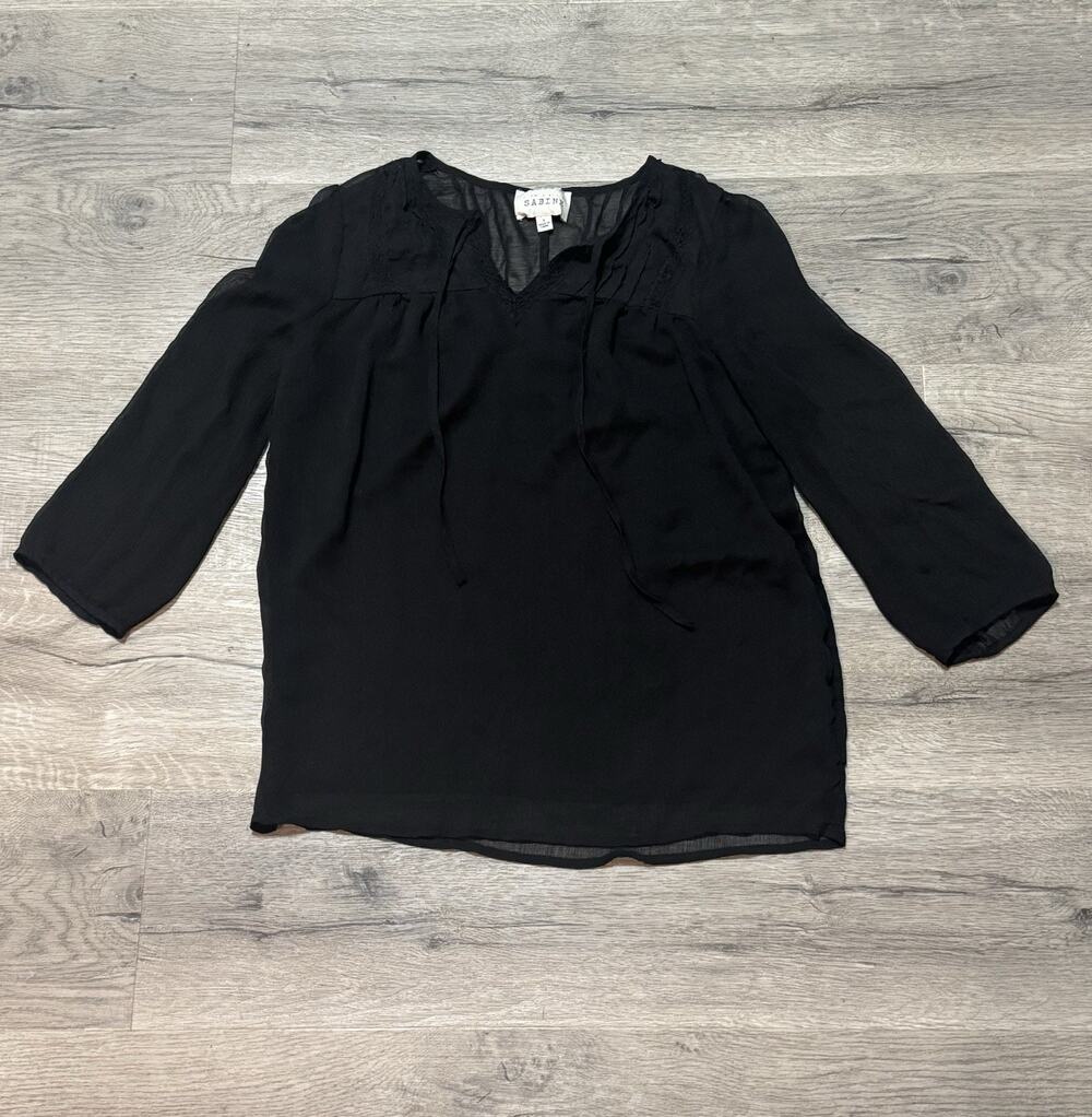 Sabine Semi Sheer Blouse Sz S Lace Black Boho Peasant Tie Neck EUC